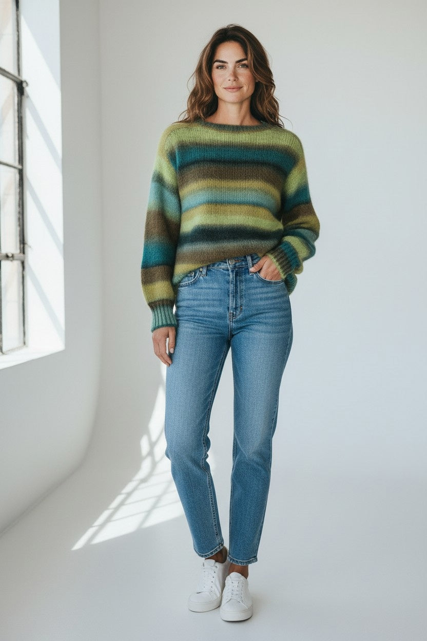 A woman stands in a bright room, smiling at the camera while wearing the FLOOR Crew Neck Wool Sweater with Printed Yard by FLOOR—a striped green, blue, and brown sweater crafted in Italy—paired with light blue jeans and white sneakers.