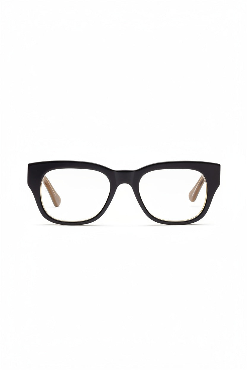 The CADDIS - MIKLOS PROGRESSIVE READERS by CADDIS are black, thick-rimmed rectangular eyeglasses with scratch-resistant lenses and beige inner arms, displayed against a white background.