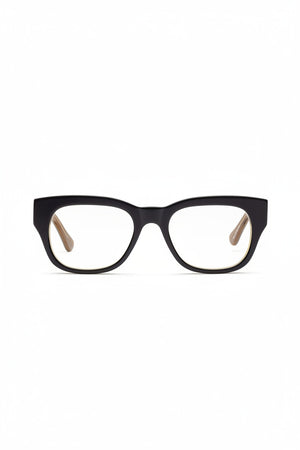 The CADDIS - MIKLOS PROGRESSIVE READERS by CADDIS are black, thick-rimmed rectangular eyeglasses with scratch-resistant lenses and beige inner arms, displayed against a white background.