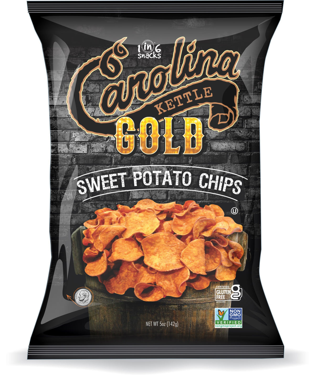 A 5oz bag of 1 IN 6 SNACKS CAROLINA KETTLE SWEET POTATO CHIPS, with a sweet potato chips image on the front; these gluten-free, Non-GMO vegan snacks are a tasty addition to your pantry.