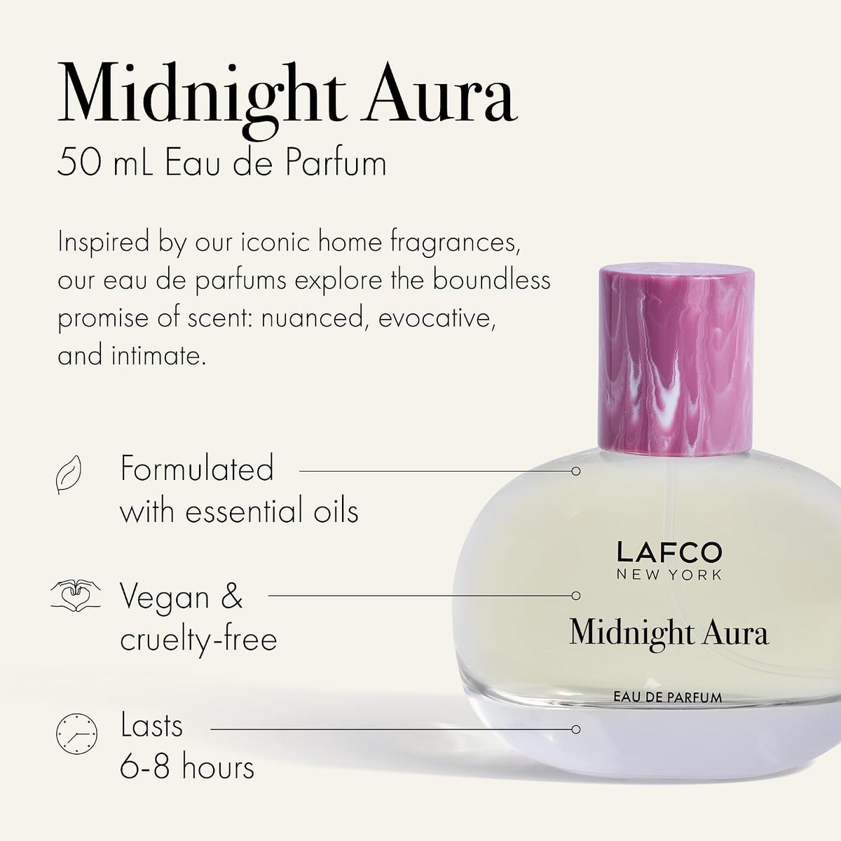 A clear, oval-shaped bottle of LAFCO - FINE FRAGRANCE, MIDNIGHT AURA 50ML, labeled with the LAFCO brand, crafted as a vegan perfume with essential oils and topped with a light pink marbled cap, displayed on a white background.
