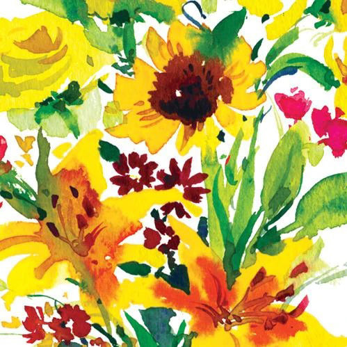 The LINDSEY BEVERAGE NAPKINS by PAPER PRODUCTS DESIGN feature a vibrant watercolor of bright yellow sunflowers and lilies, accented with red and maroon blossoms. The lush green leaves create a lively floral backdrop, all elegantly captured on 3-ply paper and crafted in Germany.
