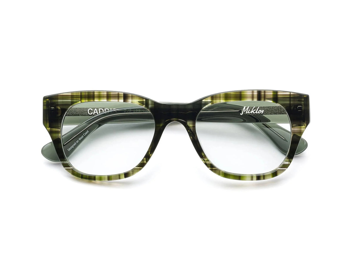 CADDIS MIKLOS READERS IN ENGINEERED GREEN square-framed reading glasses in a durable bio-based acetate frame with a muted green and brown striped pattern.