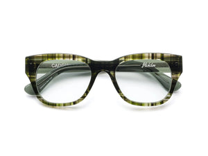 CADDIS MIKLOS READERS IN ENGINEERED GREEN square-framed reading glasses in a durable bio-based acetate frame with a muted green and brown striped pattern.