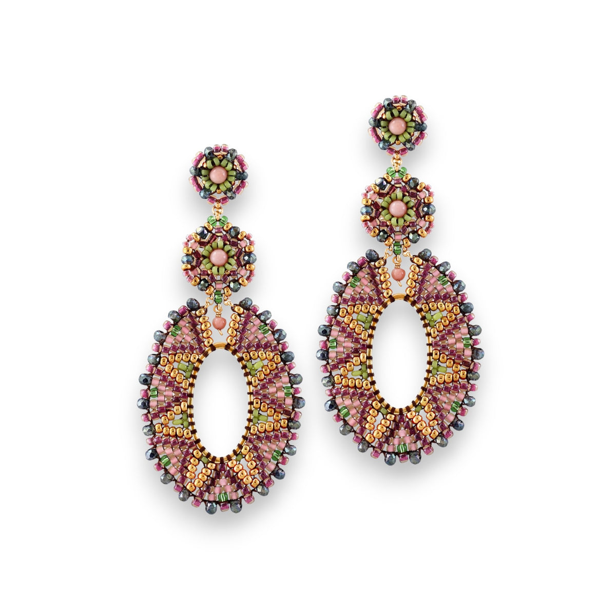 The MIGUEL ASES - CRYSTAL MIYUKI BEAD EARRINGS by MIGUEL ASES, INC. are colorful oval drop earrings featuring intricate Miyuki beadwork with pink, green, gold, and pearl accents and a botanical-inspired floral motif at the top.
