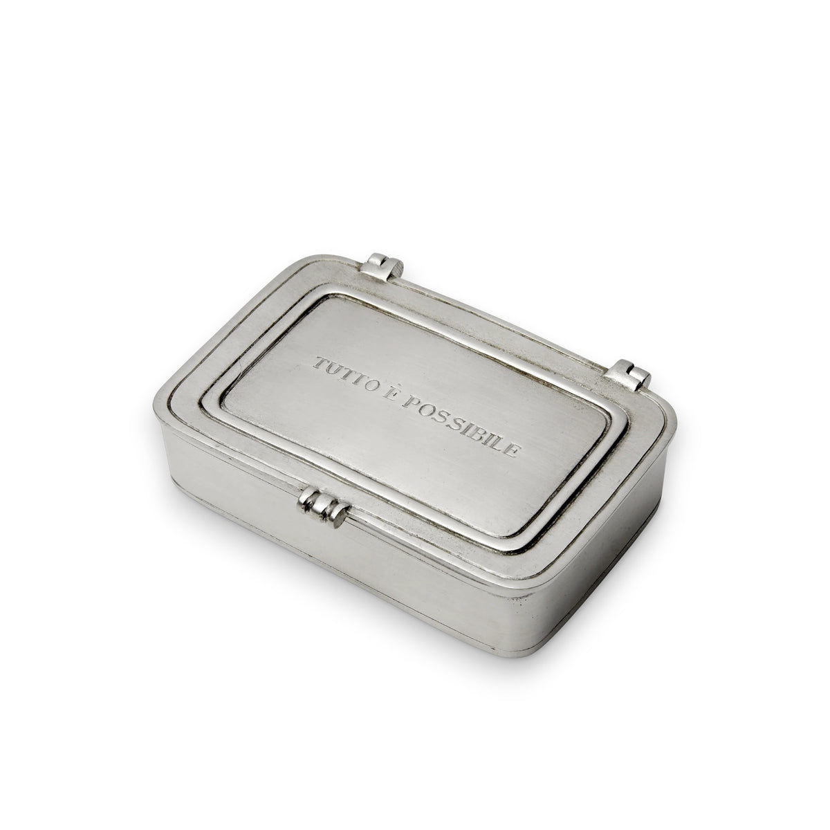 The MATCH - PEWTER &#39;TUTTO E POSSIBILE&#39; BOX SMALL is a rectangular silver box with a hinged lid, engraved with &quot;TUTTO È POSSIBILE,&quot; and features smooth edges and a timeless MATCH design.