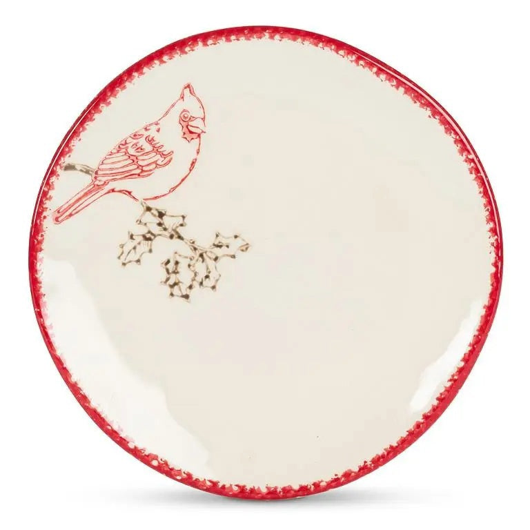 ABBOTT CARDINAL STAMP PLATE, a cream-colored stoneware plate featuring a red cardinal perched on a branch, with a decorative red trim along the edge.