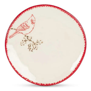 ABBOTT CARDINAL STAMP PLATE, a cream-colored stoneware plate featuring a red cardinal perched on a branch, with a decorative red trim along the edge.