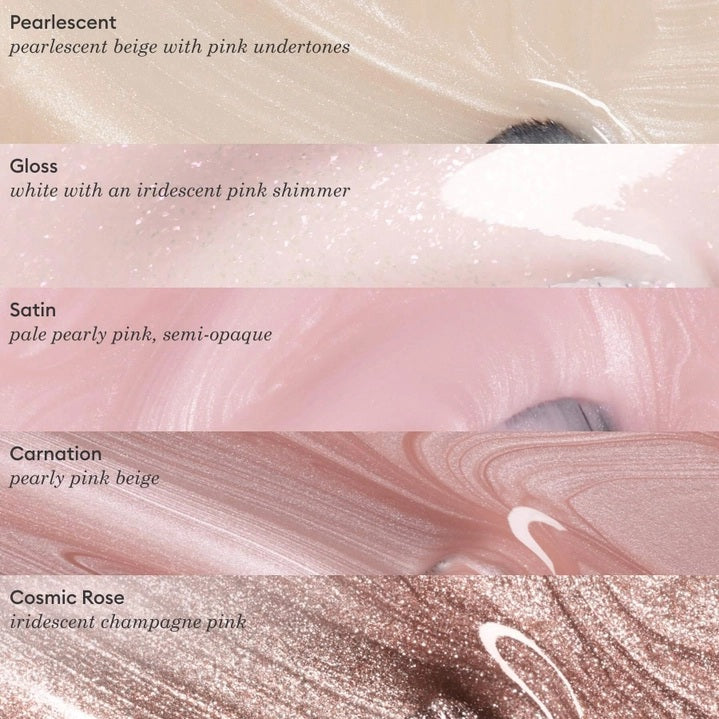 A bottle of MANUCURIST INC GREEN™ Nail Polish in Gloss, featuring a vegan, cruelty-free formula in a pale pink shade with a black cap. The label reads “green, quick dry intense color, nail polish gloss.”.