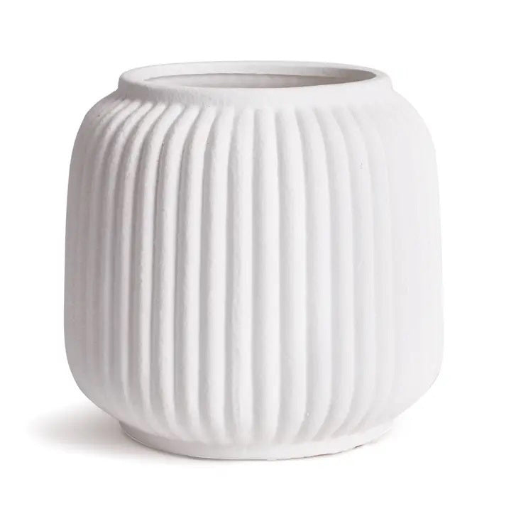 The NAPA HOME AND GARDEN - MILA Cachepot Large is a white, round ceramic vase with an Italian style featuring vertical ridges, a wide top opening, and a smooth finish.