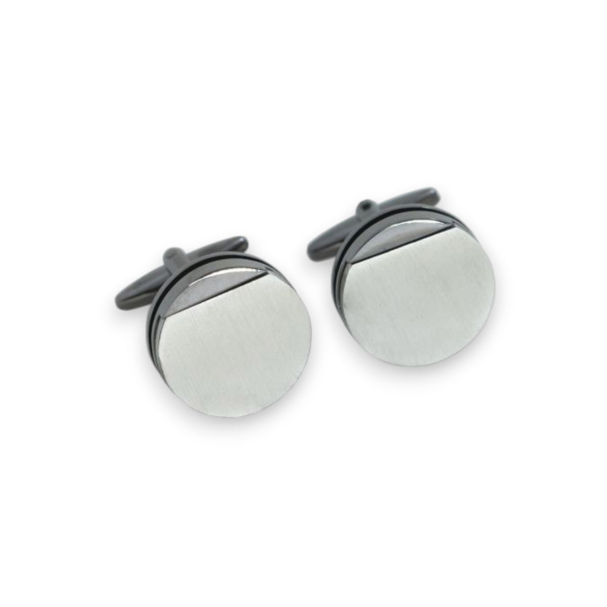 A pair of BEYBERK INTERNATIONAL CUFFLINKS - RHODIUM PLATED GUNMETAL, round with a brushed finish and sleek horizontal accent near the top, displayed against a white background.