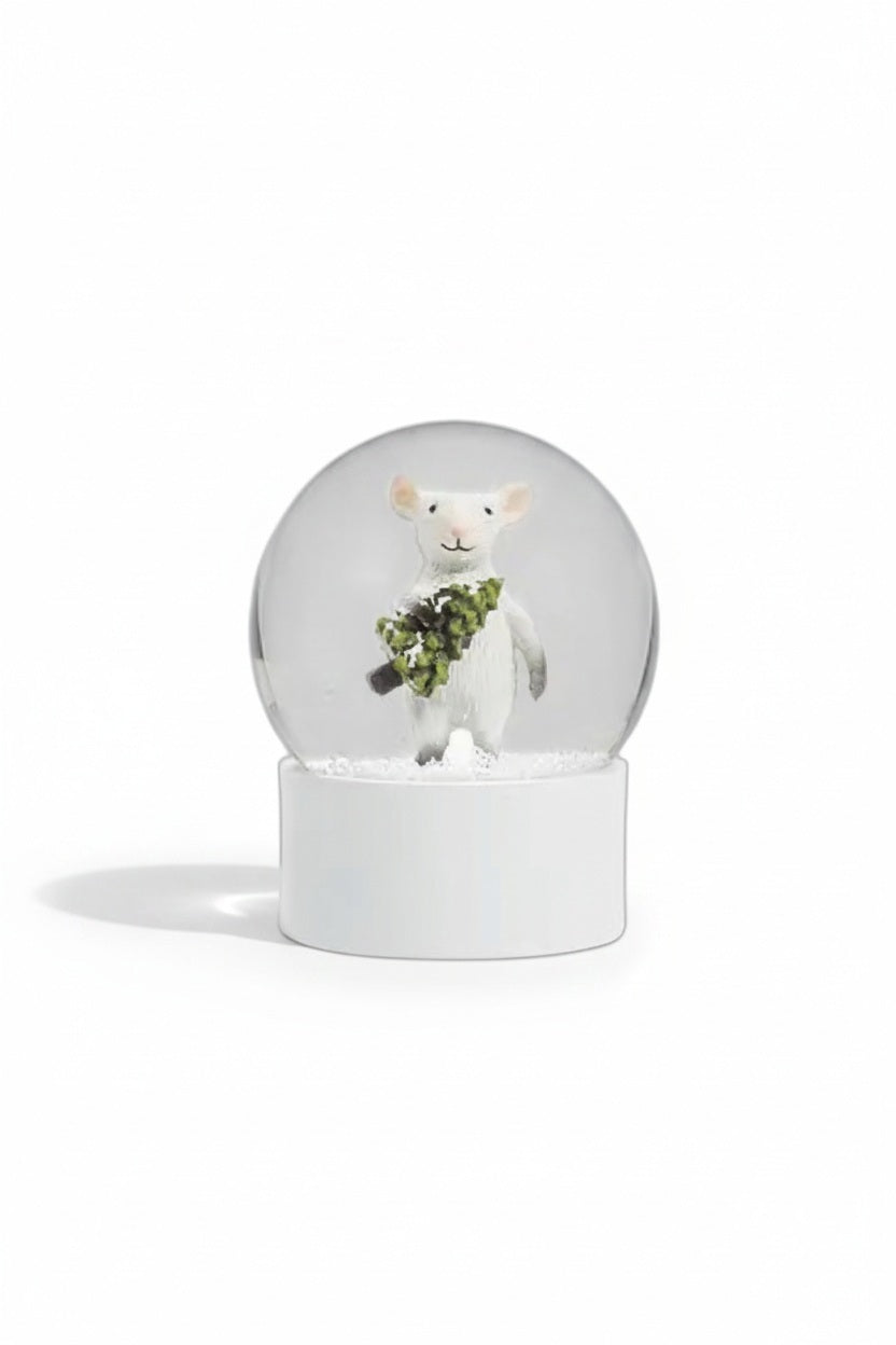 An ABBOTT MOUSE WITH TREE SNOW GLOBE featuring a white mouse carrying a small green tree.