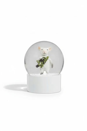 An ABBOTT MOUSE WITH TREE SNOW GLOBE featuring a white mouse carrying a small green tree.