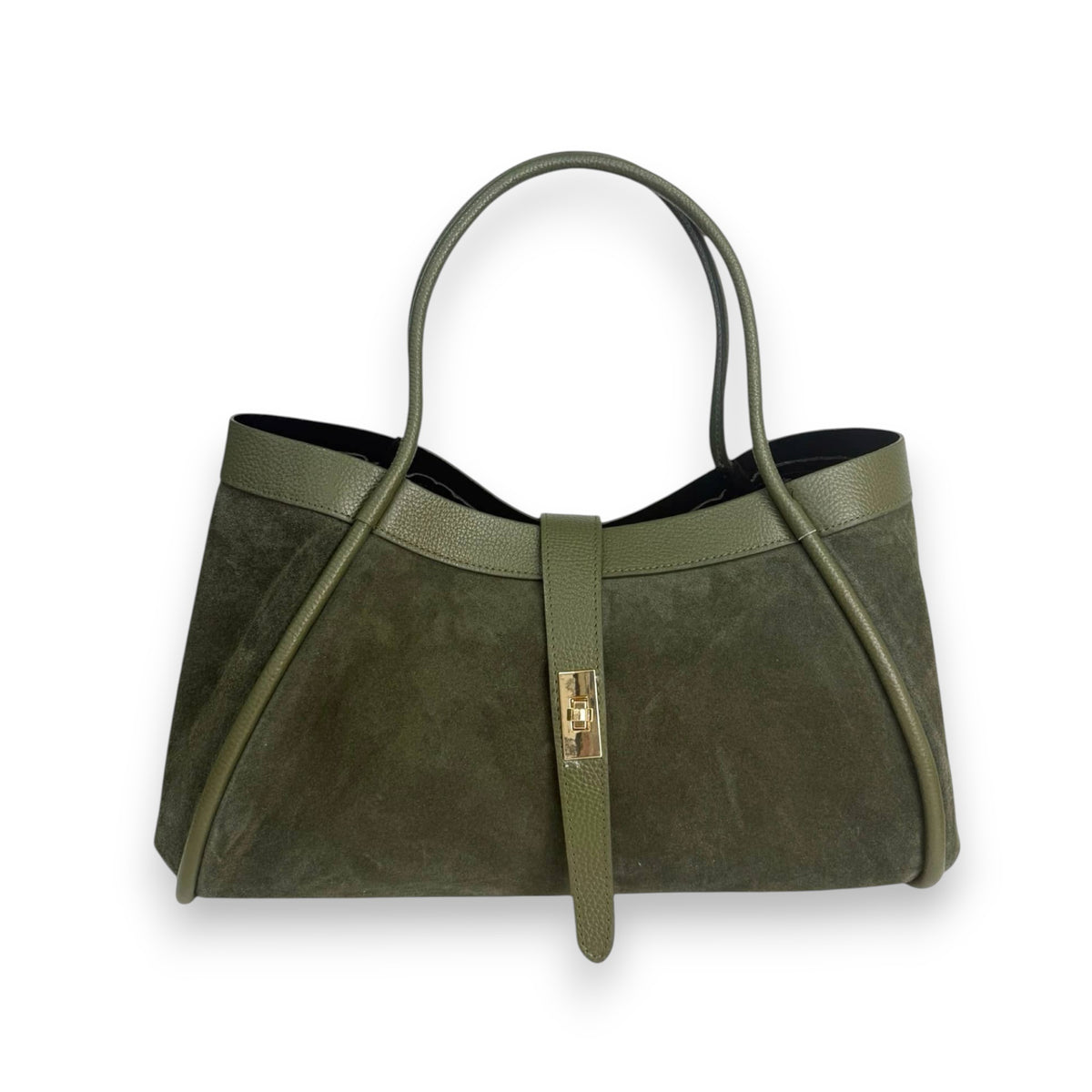 LE BORSETTE&#39;s THE PORTICO SUEDE LEATHER HANDBAG IN MILITARY GREEN features suede with leather trim and handles, a gold-tone front closure, and a structured silhouette, shown against a white background.