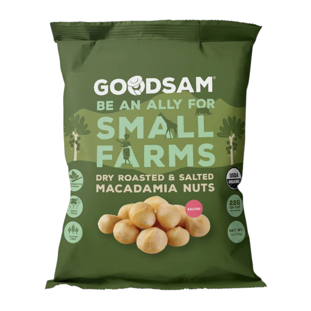 A green bag of GOODSAM FOODS ORGANIC MACADAMIA NUTS, DRY ROASTED &amp; SALTED, shows macadamia images, USDA Organic badge, 22g fat per serving, and highlights a creamy texture, roasted flavor, and support for small farms in bold text.
