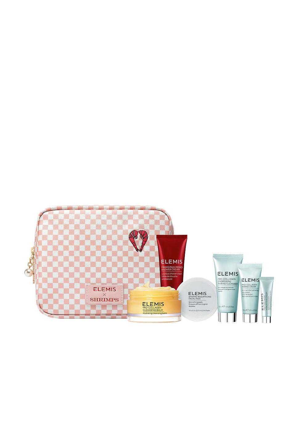 The ELEMIS - SHRIMPS TRAVEL ICONS SKINCARE COLLECTION by ELEMIS - STEINER includes five travel skincare products—a yellow cleansing balm jar, a red tube, a white round container, and three blue tubes—arranged upright on a white background.
