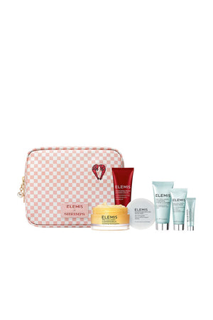 The ELEMIS - SHRIMPS TRAVEL ICONS SKINCARE COLLECTION by ELEMIS - STEINER includes five travel skincare products—a yellow cleansing balm jar, a red tube, a white round container, and three blue tubes—arranged upright on a white background.