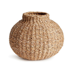 Close-up of the top of the NAPA HOME AND GARDEN Seagrass Round Vase, highlighting the natural-colored woven seagrass fibers intricately wrapped around a sturdy iron frame.