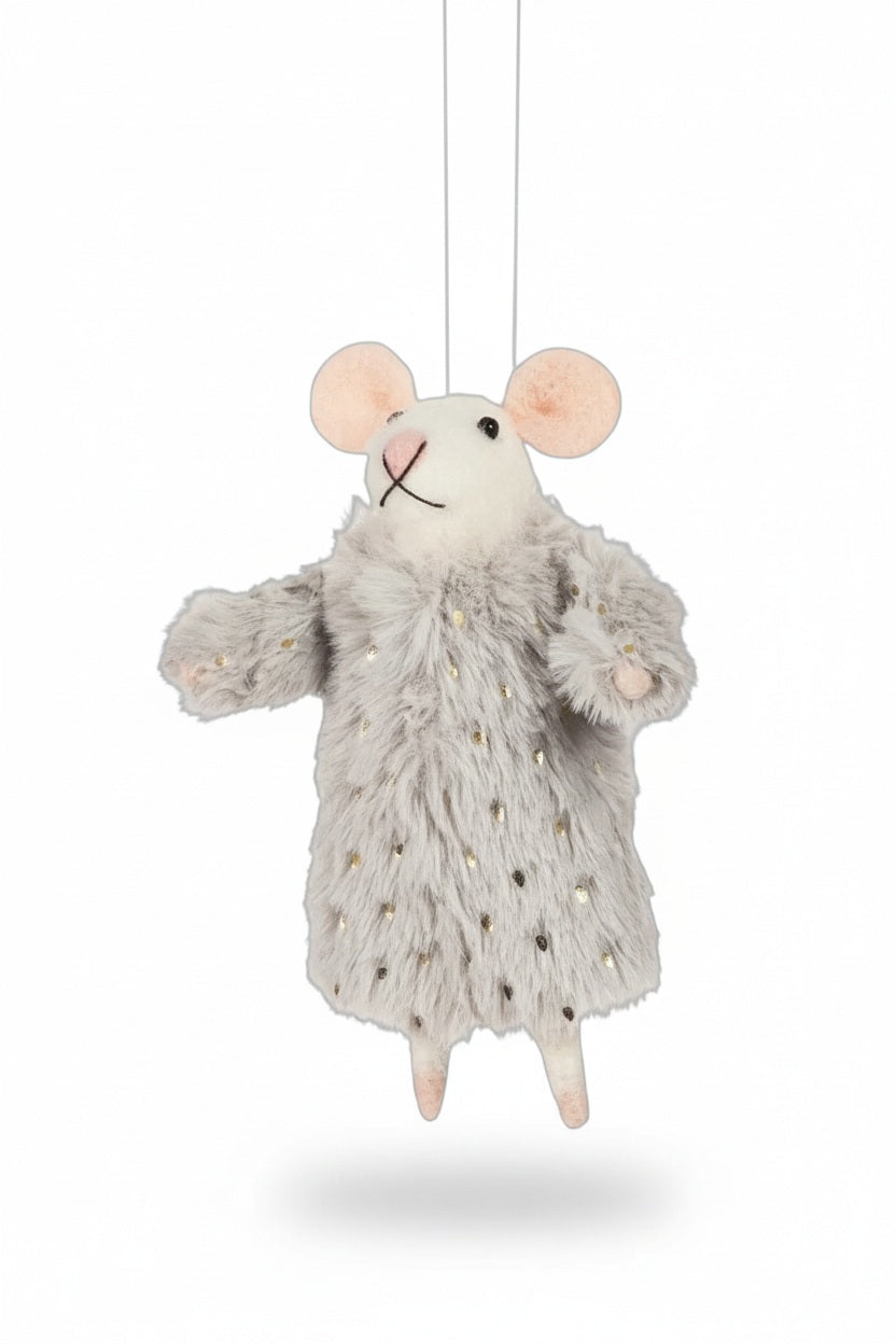 MOUSE IN FANCY COAT ORNAMENT: a mouse wearing a fluffy gray wool felt coat with gold flecks.