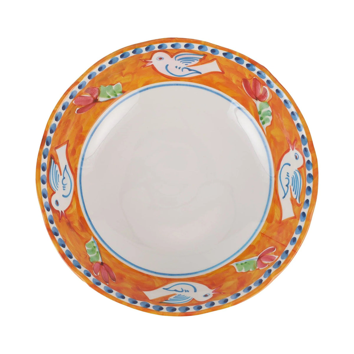 The VIETRI - MELAMINE CAMPAGNA LARGE SERVING BOWL is a durable serving piece that boasts an intricately painted interior. The inner design features a vibrant orange background adorned with colorful flowers and a blue and white bird. A dotted blue pattern graces the rim, making this bowl as functional as it is beautiful.