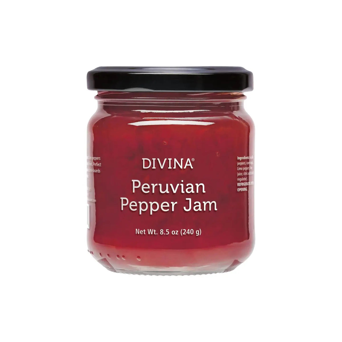 A glass jar of DIVINA - PERUVIAN PEPPER JAM features a black lid and a label displaying "Peruvian Pepper Jam" and "Net Wt. 8.5 oz (240 g)" in white, highlighting the rich red jam infused with exotic Limo peppers.