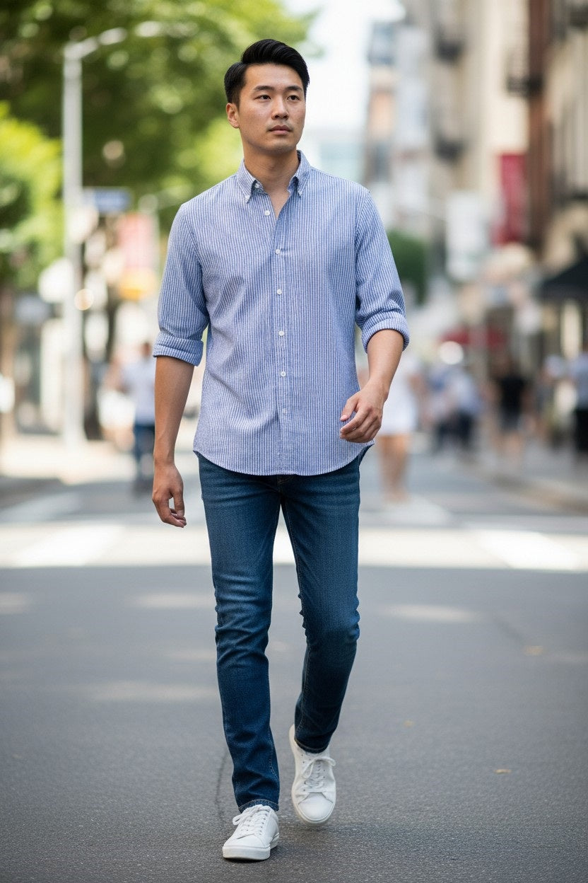 A man in a FRANK &amp; EILEEN Finbar Men's Button Up Shirt in Blue Stripes, blue jeans, and white sneakers walks confidently down a sunny, tree-lined cobblestone street.