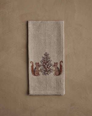 CHIPMUNKS WITH PINECONE LINEN TEA TOWEL by CORAL & TUSK featuring embroidered chipmunks holding a large, stitched pinecone.