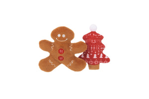 A festive, eco-friendly cat toy from PLAY PET LIFESTYLES/BRANDS, the FELINE FRENZY - MEOWY CHRISTMAS features a plush gingerbread man with white icing details and red buttons standing next to a plush red Christmas tree adorned with white patterns and topped with a white pom-pom—perfect for the holiday season.