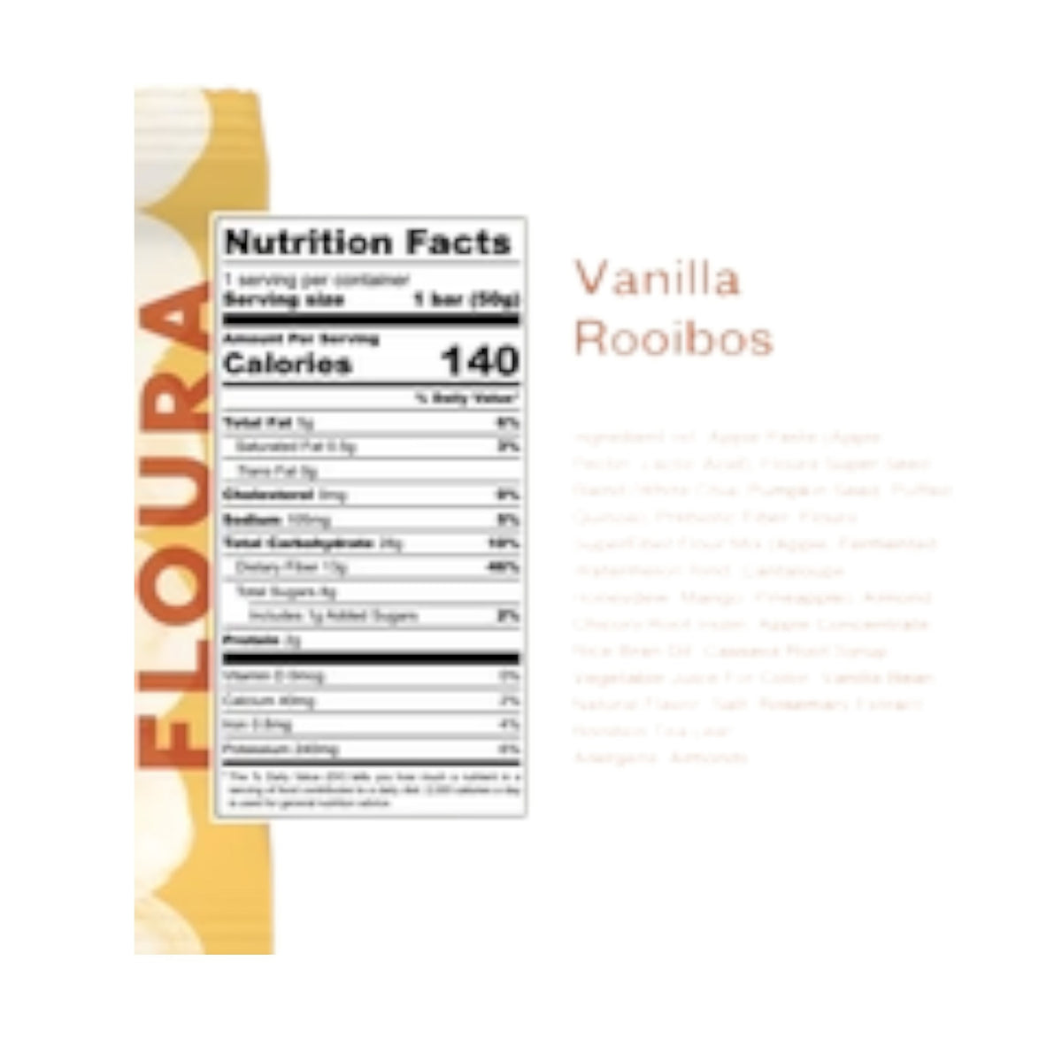 A yellow and white packaged FLOURA &amp; CO Floura - Vanilla Rooibos Floura Fiber Crush Bar contains concentrated fiber, with 13g of fiber indicated on the wrapper.