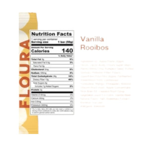 A yellow and white packaged FLOURA & CO Floura - Vanilla Rooibos Floura Fiber Crush Bar contains concentrated fiber, with 13g of fiber indicated on the wrapper.