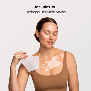 A white packet labeled “OMNILUX - HYDROGEL DECOLLETE MASKS, 3 PACK” from OMNILUX features blue and gold text with a gold star motif and information about Hyaluronic Acid in both English and French. Part of the Omnilux Hydrogel Masks collection, this product is formulated to complement LED treatments for enhanced skincare benefits.