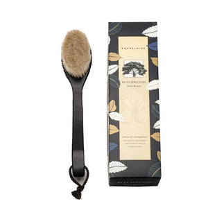 Experience the BAUDELAIRE BEECHWOOD BATH BRUSH 14"—a long-handled brush crafted from beechwood with a dark handle, soft light natural horsehair bristles, and a convenient looped cord for hanging. This elegant tool is an ideal upgrade to your self-care routine.