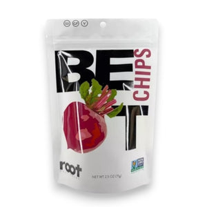 A white bag of ROOT FOODS - BEET CHIPS from ROOT FOODS features a large beet illustration and bold black and red “BEET CHIPS” text. Made with avocado oil, these Non-GMO and gluten-free veggie chips display their certification symbols prominently at the top and bottom of the packaging.