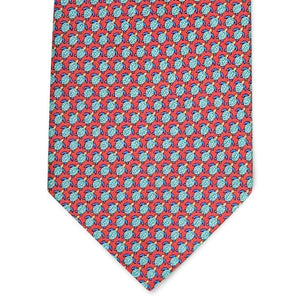 The BIRD DOG BAY PETER-BLAIR Tortuga Silk Tie in Pink features a pink background with a repeating pattern of small blue and red turtles.