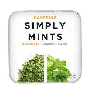 A metal tin labeled "SIMPLY GUM - AWAKEN WITH CAFFEINE MINTS" in large text, with "Peppermint + Matcha" written beneath. The tin features images of green matcha powder and peppermint leaves, and the product weight is 1.06 oz (30g) displayed at the bottom right corner.