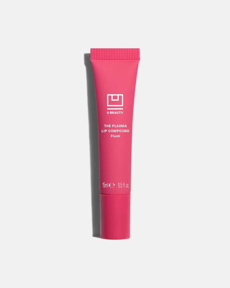 A 15ml tube of U BEAUTY THE PLASMA LIP COMPOUND, a plumping lip treatment with light gray packaging and white branding, stands upright against a white background.