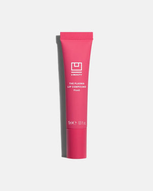 A 15ml tube of U BEAUTY THE PLASMA LIP COMPOUND, a plumping lip treatment with light gray packaging and white branding, stands upright against a white background.