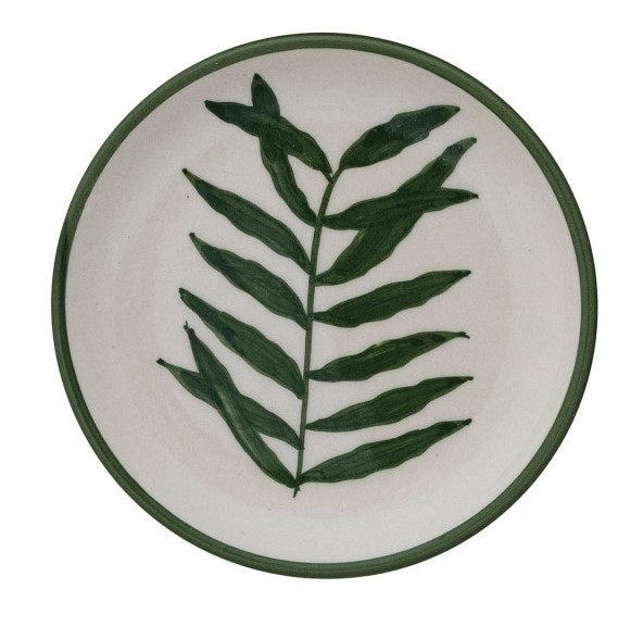 Set of four CREATIVE COOP HAND-PAINTED STONEWARE PLATES, each with a unique botanical design and green rim. Delicate green leaf patterns make every appetizer plate an artful addition to your table.