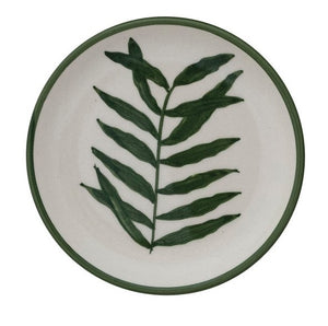 Set of four CREATIVE COOP HAND-PAINTED STONEWARE PLATES, each with a unique botanical design and green rim. Delicate green leaf patterns make every appetizer plate an artful addition to your table.