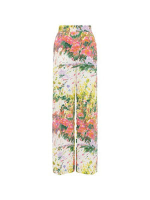 The MIRTO 1956 - Brushstroke Print Cotton Trousers by MIRTO 1956 feature a high waist and wide-leg design with a vibrant brushstroke pattern in pink, green, yellow, and white.