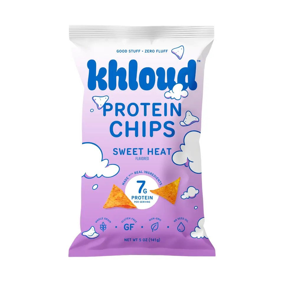 A 5 oz (141g) bag of KHLOUD FOODS’ KHLOUD- SWEET HEAT PROTEIN CHIPS, featuring a bold and spicy “sweet heat” flavor. The purple and white packaging with cloud designs displays a chip along with callouts for “7g protein,” “GF,” and the flavor name.