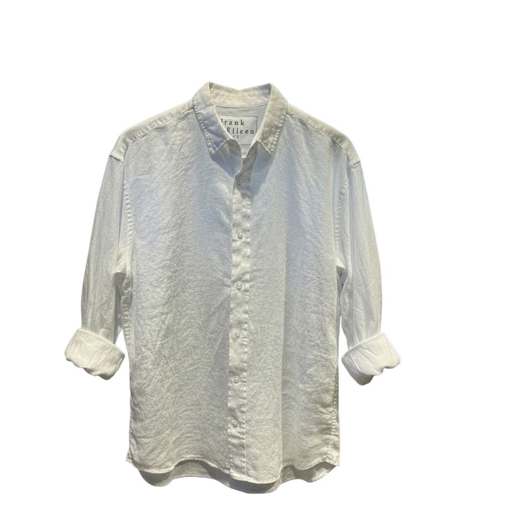 The FRANK & EILEEN Finbar Men's Button Up Shirt in White Washed Linen is shown with casually rolled long sleeves and a relaxed, slightly wrinkled look against a plain white background.