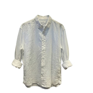 The FRANK & EILEEN Finbar Men's Button Up Shirt in White Washed Linen is shown with casually rolled long sleeves and a relaxed, slightly wrinkled look against a plain white background.