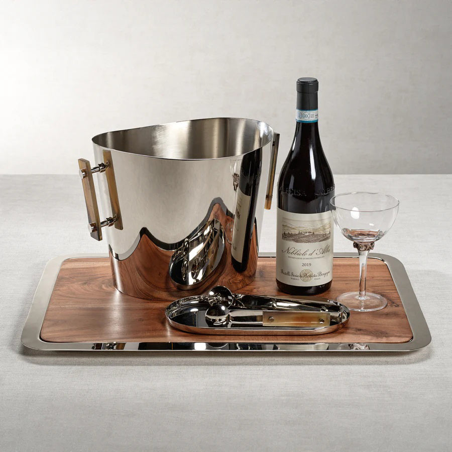 The ZODAX BRASSERIE STEEL &amp; ACACIA FUSION BOARD features a square acacia wood tray with a metal border and an oval silver dish with a modern handle, making it the ideal large serving tray for any occasion.