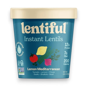 A blue container of LENTIFUL - LEMON MEDITERRANEAN INSTANT LENTILS by LENTIFUL, highlighting vibrant imagery of lemon, tomato, and herbs. Inspired by classic Greek cuisine, this plant-powered option offers 12g protein, 7g fiber, and 200 calories per serving. The label features the Non-GMO Project Verified seal, making it a nutritious pick for those seeking a Blue Zone-inspired lifestyle.