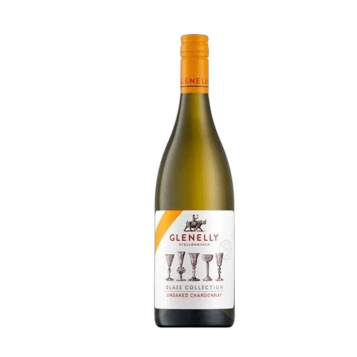 The GLENELLY 'GLASS COLLECTION' UNOAKED CHARDONNAY 2022 from WINE: WINEBOW sits elegantly against a plain backdrop. Its label, decorated with wine glass designs, says "Glenelly Stellenbosch, Glass Collection," truly embodying the spirit of South Africa's famous Stellenbosch region.