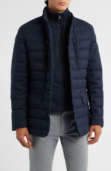 The SAVE THE DUCK - FELIPE Water Resistant Quilted Jacket for men is shown from the back against a light gray background. Made from recycled polyester, it features horizontal stitching and a high collar.