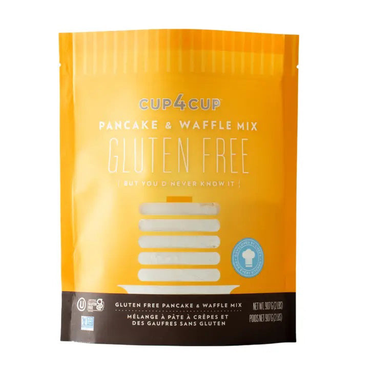 A yellow resealable 907g (32oz) pouch of CUP4CUP Gluten Free Pancake &amp; Waffle Mix features white and blue text, "Gluten Free" label, and is ideal for making pancakes or gluten-free waffles.