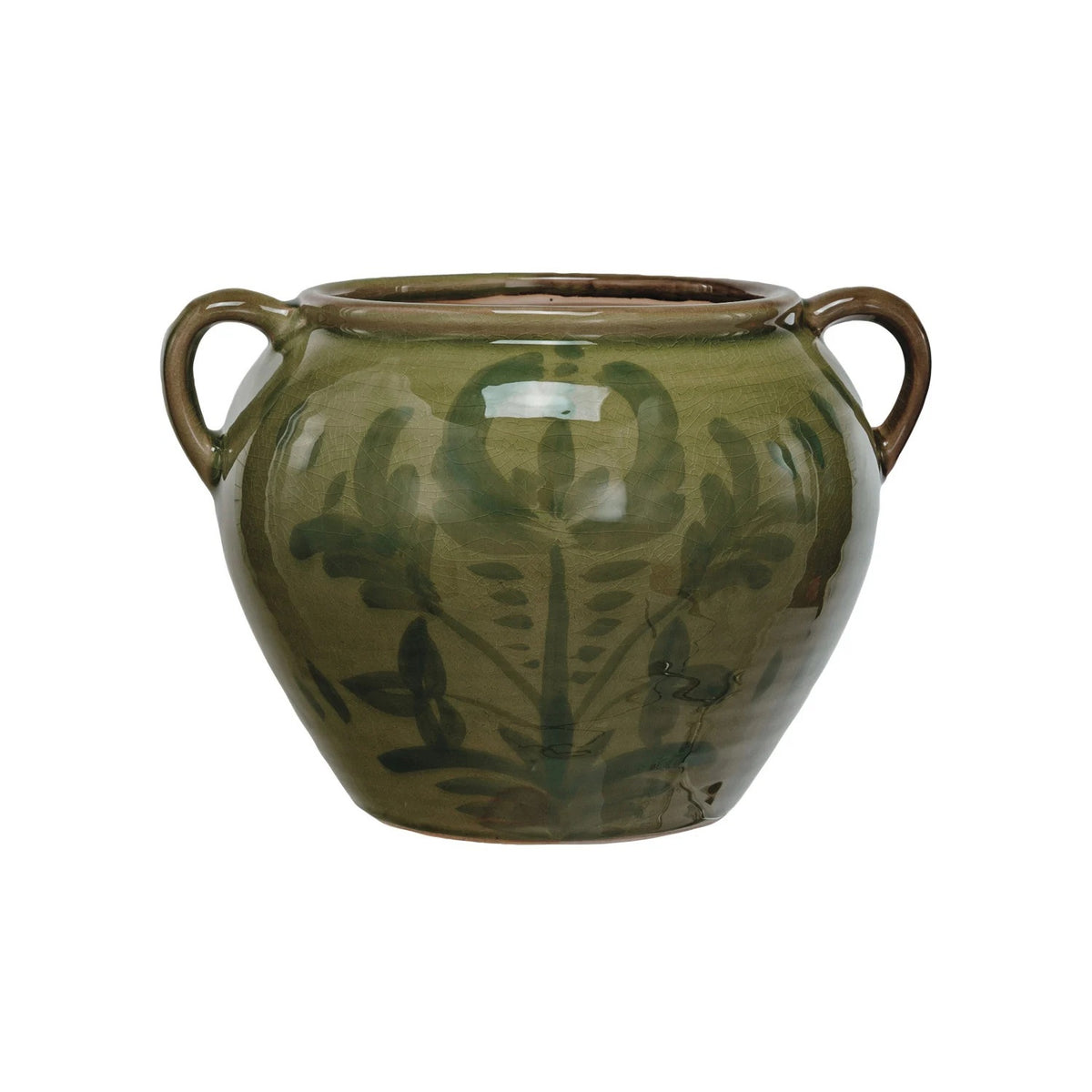 The GREEN HAND-PAINTED TERRACOTTA URN WITH HANDLES by CREATIVE COOP is a round, green ceramic vase with two handles and a glossy finish, featuring hand-painted leaf and floral designs for artisan charm.
