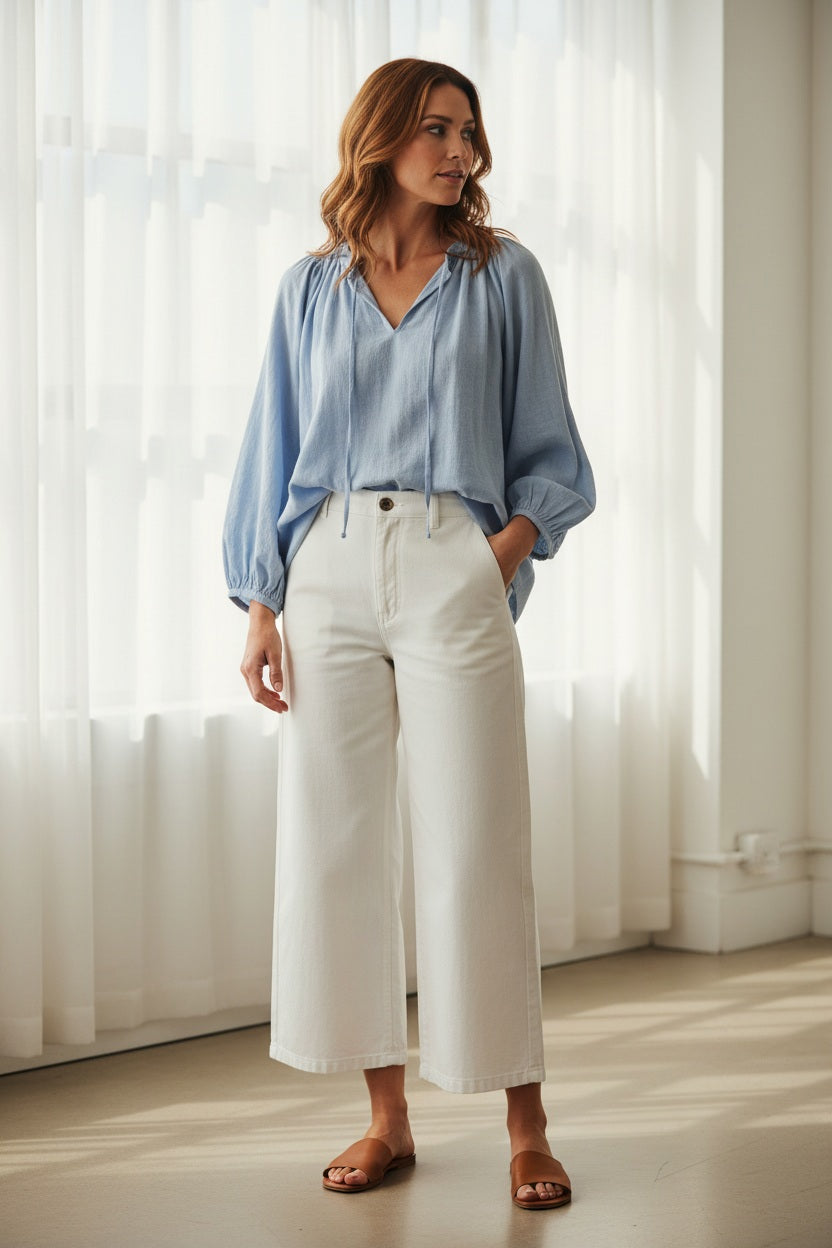 A person stands on white pebbles, shown from the back, wearing ELEH’s WIDE LEG COTTON TROUSER paired with a white sleeveless top and sandals—an effortless take on modern minimalism.